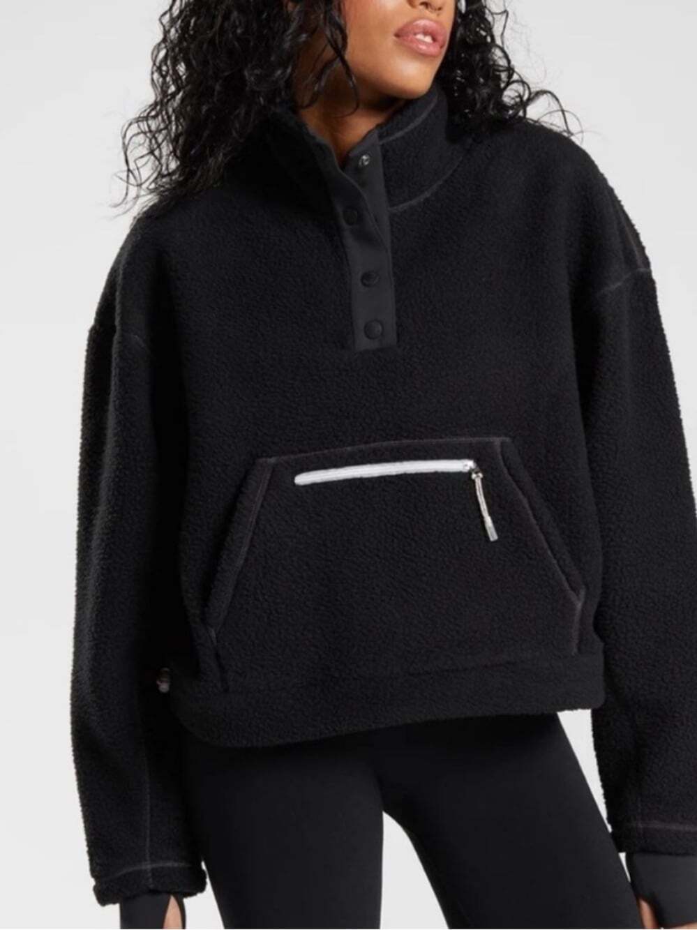 Gymshark Pause Borg Black Fleece Snap-Front Pullover - Size Medium